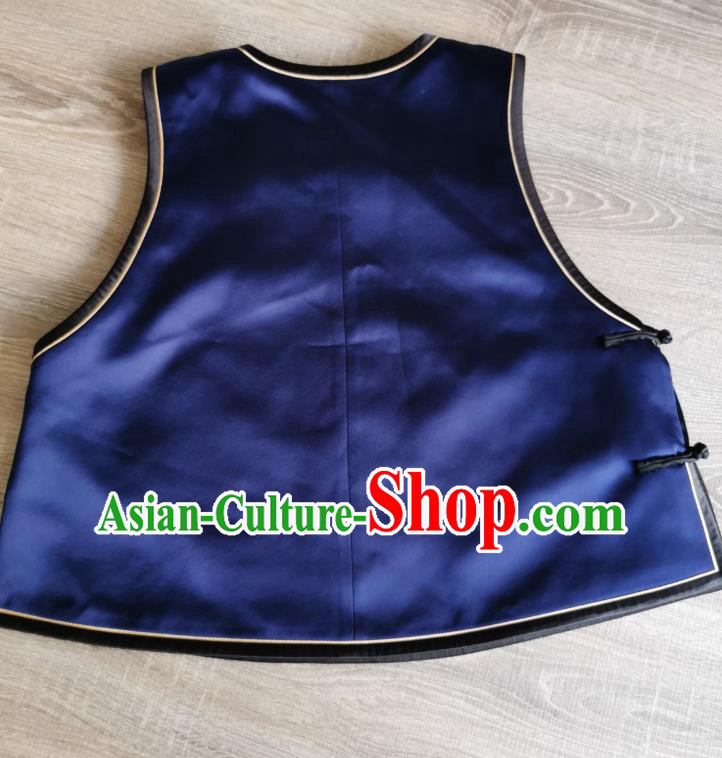 Top Grade China Tang Suit Embroidered Dragon Navy Silk Vest Traditional Waistcoat Winter Upper Outer Garment