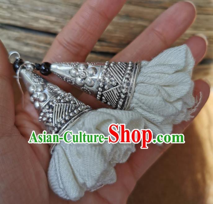 China Handmade White Flax Eardrop Traditional Miao Ethnic Earrings Silver Carving Accessories for Women