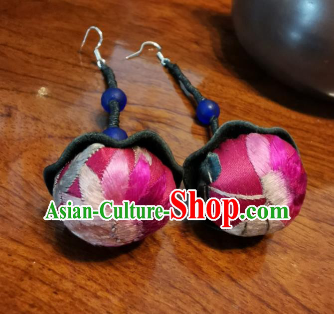 Traditional China Miao Ethnic Rosy Silk Ear Accessories Handmade Embroidered Earrings for Women