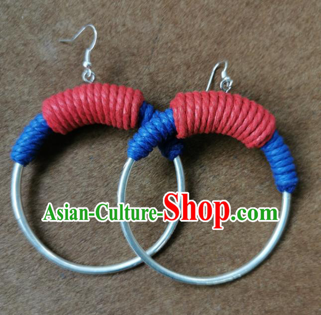 Traditional China Silver Ring Ear Accessories Handmade Miao Ethnic Sennit Earrings for Women