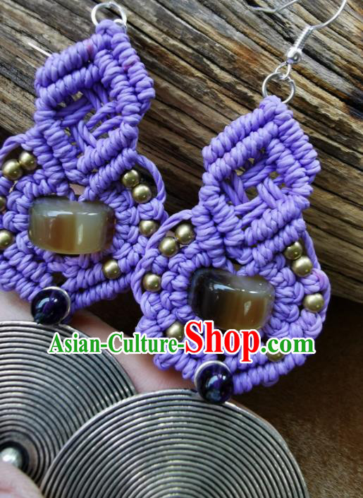 Handmade China Miao Ethnic Silver Ear Accessories Traditional Purple Sennit Earrings for Women