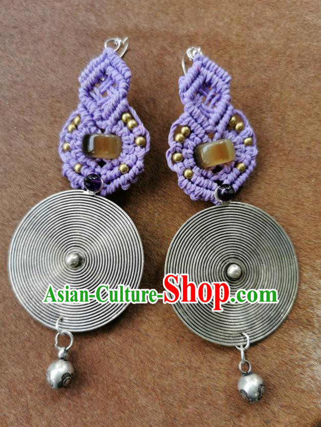 Handmade China Miao Ethnic Silver Ear Accessories Traditional Purple Sennit Earrings for Women