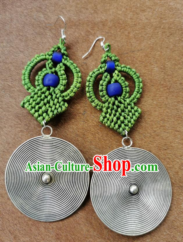 Handmade China Traditional Green Sennit Earrings Miao Ethnic Silver Ear Accessories for Women