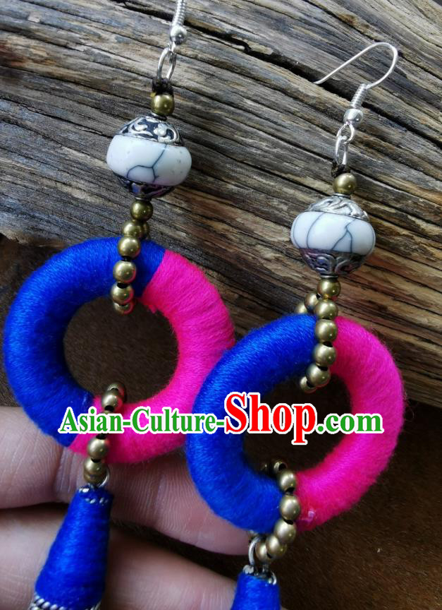 Handmade China National Yarn Earrings Traditional Miao Ethnic Silver Eardrop Ear Accessories for Women