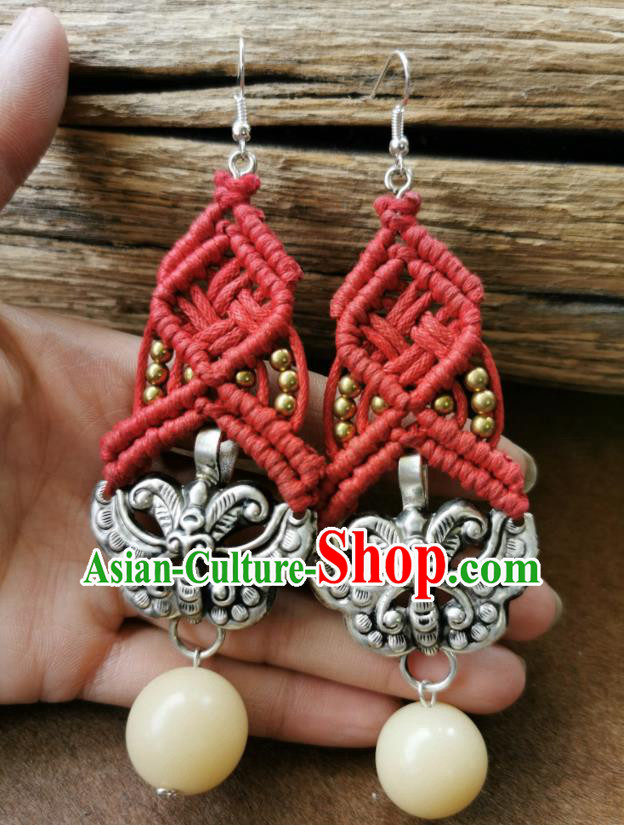 Handmade China National Red Sennit Earrings Traditional Miao Ethnic Ear Accessories Silver Carving Butterfly Eardrop for Women