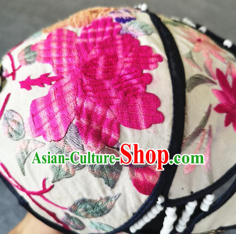 Handmade China Embroidered White Cloth Hat Traditional National Headwear Hair Accessories Miao Ethnic Women Cap