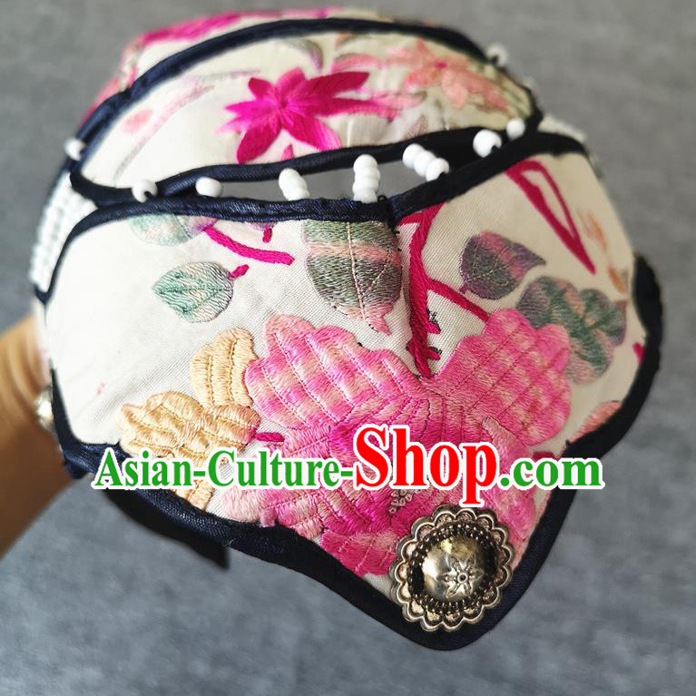 Handmade China Embroidered White Cloth Hat Traditional National Headwear Hair Accessories Miao Ethnic Women Cap