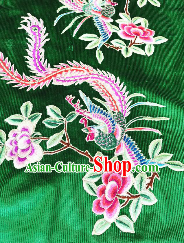 Chinese Traditional Women National Clothing Embroidered Green Corduroy Qipao Dress Embroidery Phoenix Peony Cheongsam