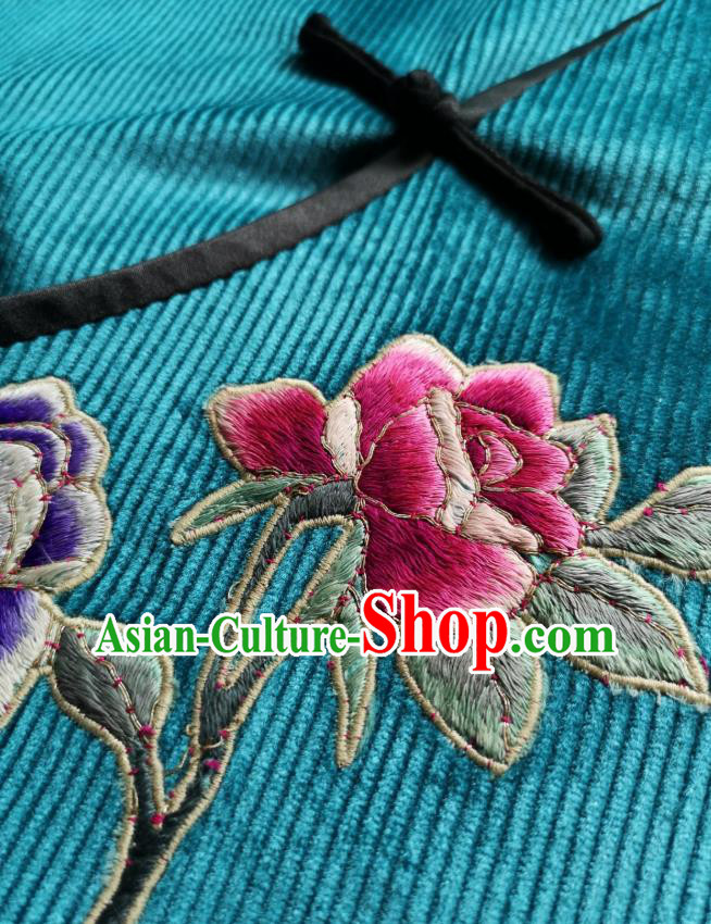 Chinese Embroidered Blue Corduroy Qipao Dress Traditional Women Clothing National Cheongsam