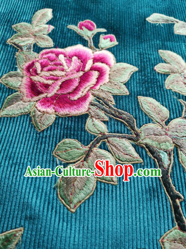 Chinese Embroidered Blue Corduroy Qipao Dress Traditional Women Clothing National Cheongsam