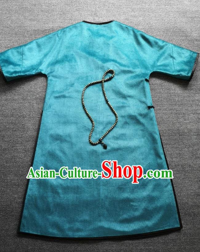 Chinese Embroidered Blue Corduroy Qipao Dress Traditional Women Clothing National Cheongsam