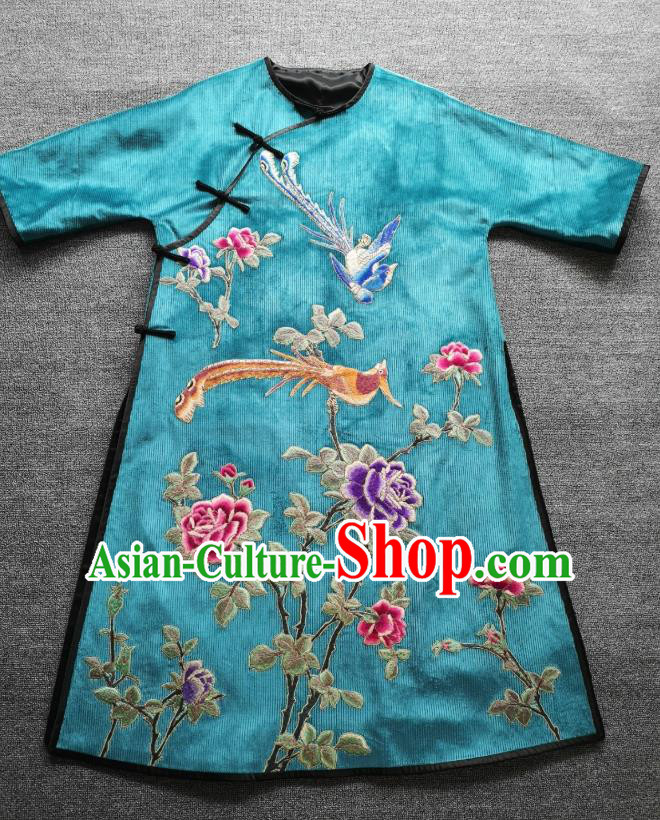 Chinese Embroidered Blue Corduroy Qipao Dress Traditional Women Clothing National Cheongsam