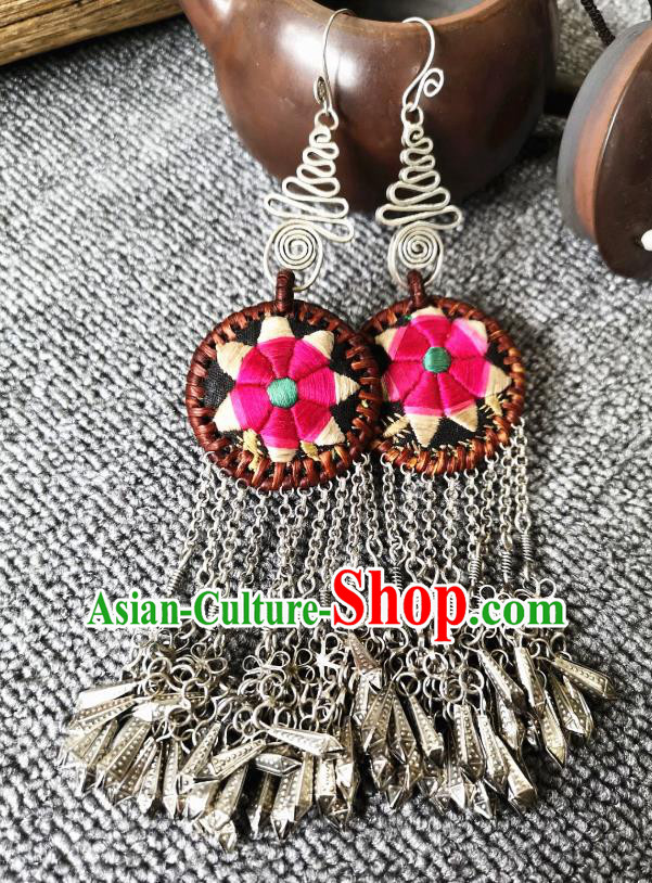 Handmade China Silver Tassel Earrings Miao Ethnic Embroidered Jewelry Traditional National Rattan Ear Accessories