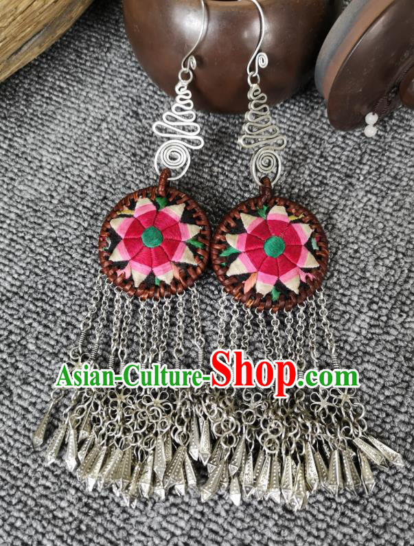 Handmade China Silver Tassel Earrings Miao Ethnic Embroidered Jewelry Traditional National Rattan Ear Accessories
