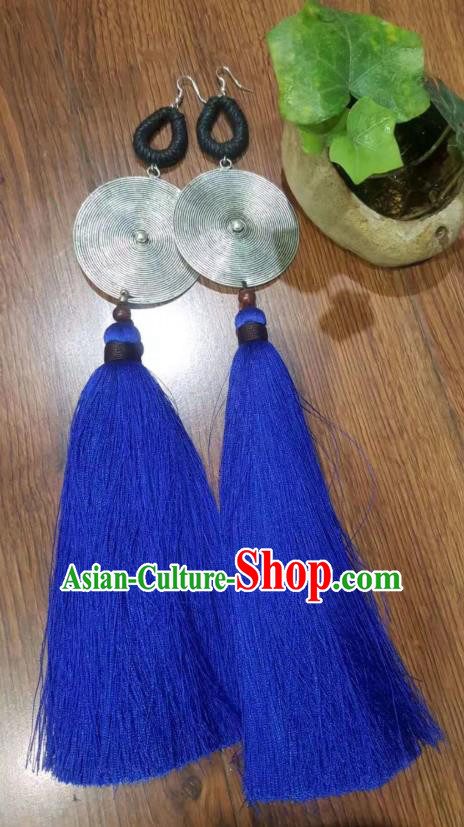 Handmade China Miao Ethnic Exaggerated Jewelry Traditional Royalblue Long Tassel Earrings National Silver Ear Accessories