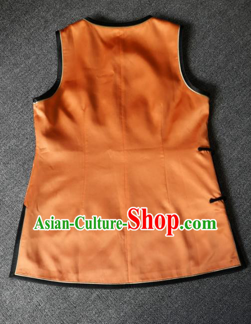 China Traditional Tang Suit Upper Outer Garment Women Waistcoat National Embroidered Dragon Orange Silk Vest
