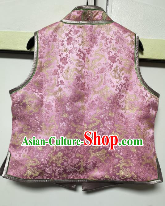 China National Embroidered Dragon Pink Silk Vest Traditional Tang Suit Upper Outer Garment Women Waistcoat
