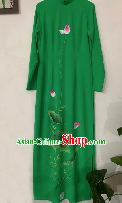 Asian Vietnam Classical Lotus Pattern Ao Dai Qipao Traditional Vietnamese Costumes Green Cheongsam Dress and Loose Pants for Women