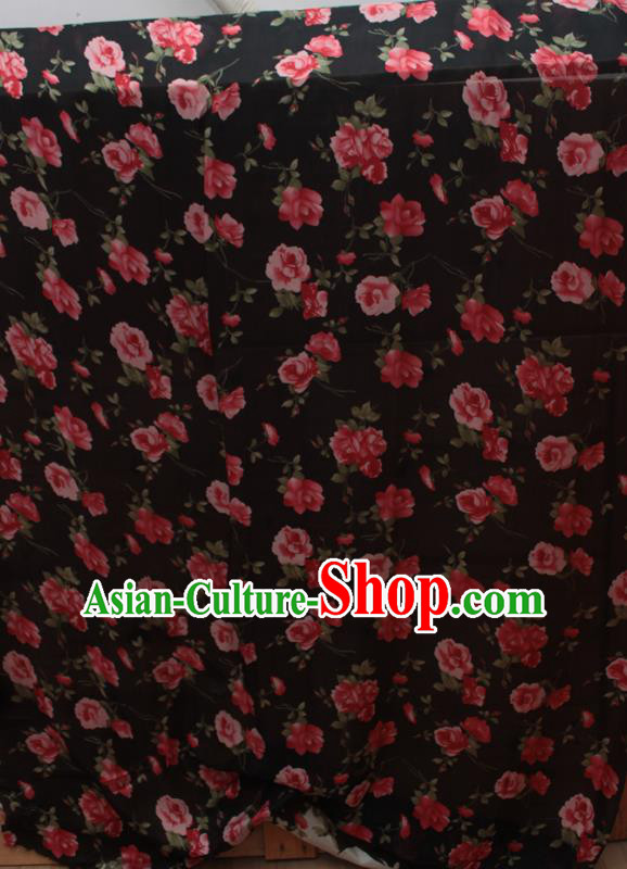 Asian Vietnam Classical Roses Pattern Ao Dai Qipao Traditional Vietnamese Costumes Black Silk Cheongsam Dress and Loose Pants for Women