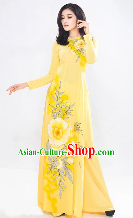 Asian Vietnam Classical Bamboo Pattern Ao Dai Qipao Traditional Vietnamese Costumes Yellow Cheongsam Dress and Loose Pants for Women