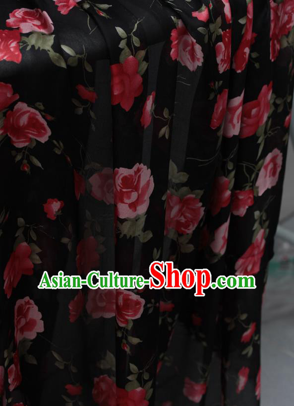 Asian Vietnam Classical Roses Pattern Ao Dai Qipao Traditional Vietnamese Costumes Black Silk Cheongsam Dress and Loose Pants for Women