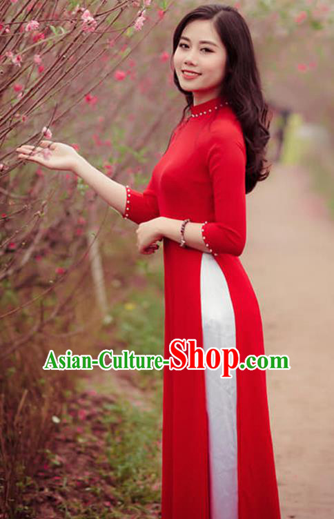 Asian Vietnam Classical Ao Dai Qipao Traditional Vietnamese Costumes Red Cheongsam Dress and Loose Pants for Women
