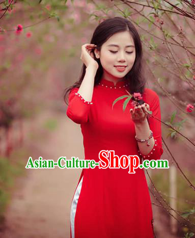 Asian Vietnam Classical Ao Dai Qipao Traditional Vietnamese Costumes Red Cheongsam Dress and Loose Pants for Women