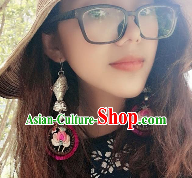 China Handmade Miao Ethnic Embroidered Earrings Traditional National Silver Fish Ear Accessories