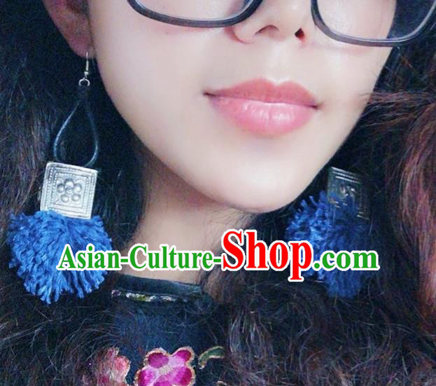 Handmade China Traditional National Sliver Ear Accessories Women Jewelry Miao Ethnic Blue Waxed Thread Earrings