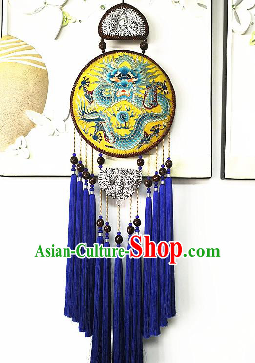 Handmade China Traditional Embroidered Dragon Pendant National Royalblue Tassel Rattan Accessories
