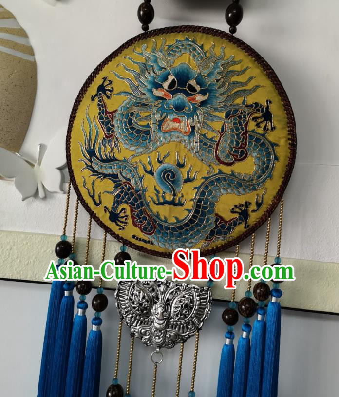 Handmade China Traditional Embroidered Dragon Pendant National Royalblue Tassel Rattan Accessories