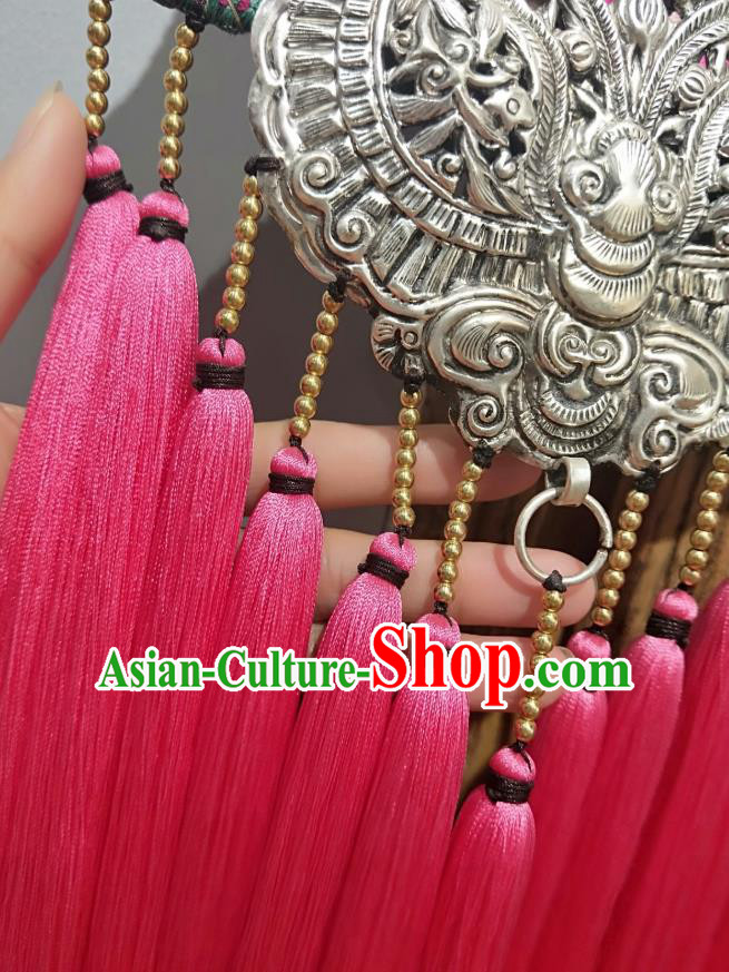 Handmade China National Silver Carving Butterfly Rosy Tassel Accessories Traditional Embroidered Necklace Pendant