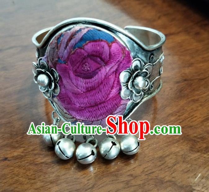 China Handmade Embroidered Rose Bangle Miao Ethnic Bracelet Traditional National Silver Bell Tassel Accessories