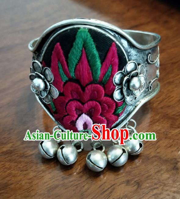 China Traditional Miao Ethnic Bracelet National Silver Bell Tassel Accessories Handmade Embroidered Bangle