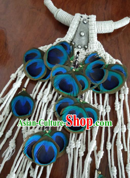 China National Peacock Feather Necklet Accessories Traditional Miao Ethnic Handmade Silver Necklace