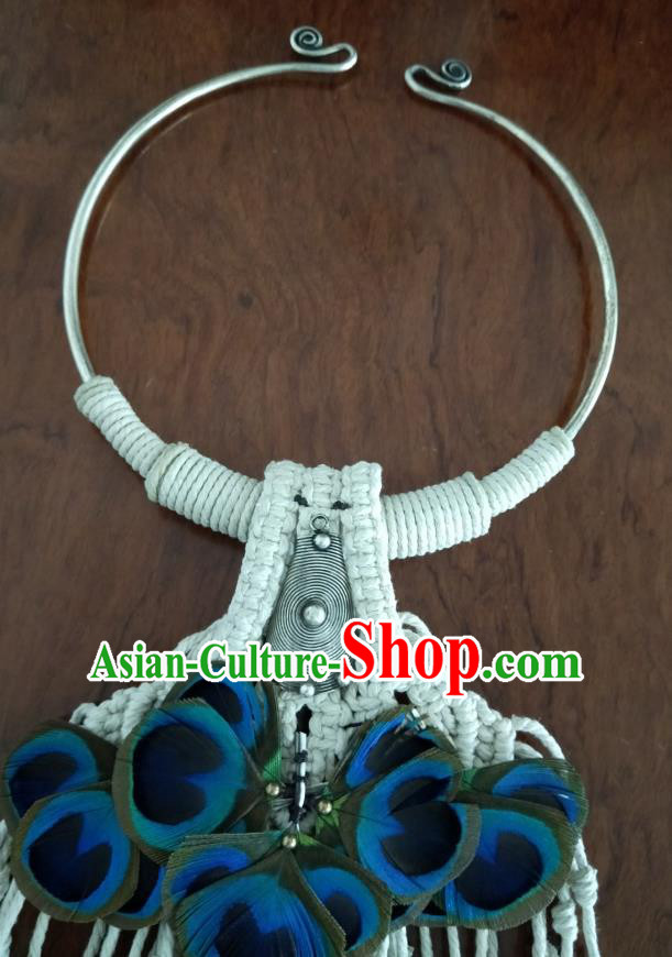 China National Peacock Feather Necklet Accessories Traditional Miao Ethnic Handmade Silver Necklace
