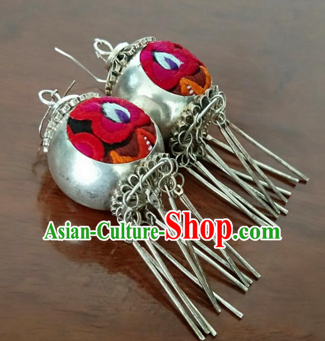 Handmade China National Silver Earrings Traditional Ethnic Women Jewelry Embroidered Ear Accessories