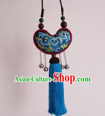 Traditional Miao Nationality Embroidered Accessories China Handmade Ethnic Blue Tassel Necklace