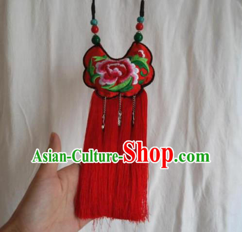Handmade China National Red Tassel Longevity Lock Ethnic Accessories Embroidered Peony Necklace