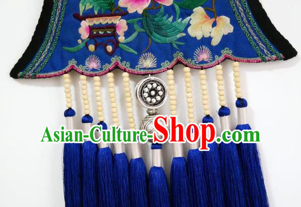 Traditional China Royalblue Tassel Necklace Miao Nationality Embroidered Accessories Handmade Ethnic Silver Jewelry