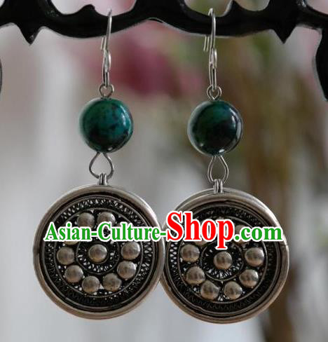 Traditional China Ethnic Folk Dance Accessories Miao Nationality Handmade Silver Earrings