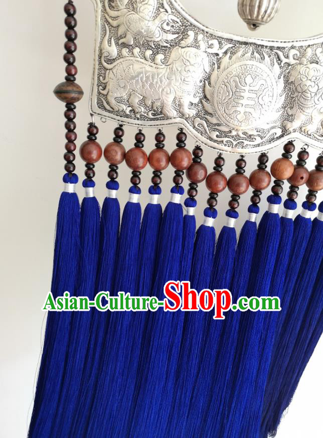 China Miao Ethnic Silver Carving Royalblue Tassel Pendant National Embroidered Accessories