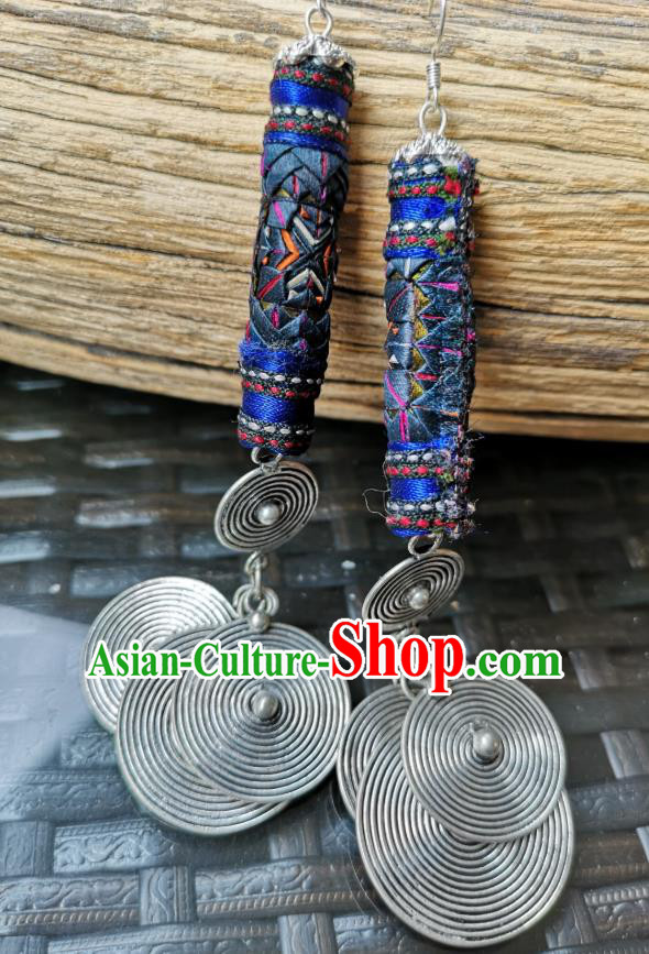 China National Embroidered Deep Blue Earrings Women Jewelry Miao Ethnic Silver Ear Accessories