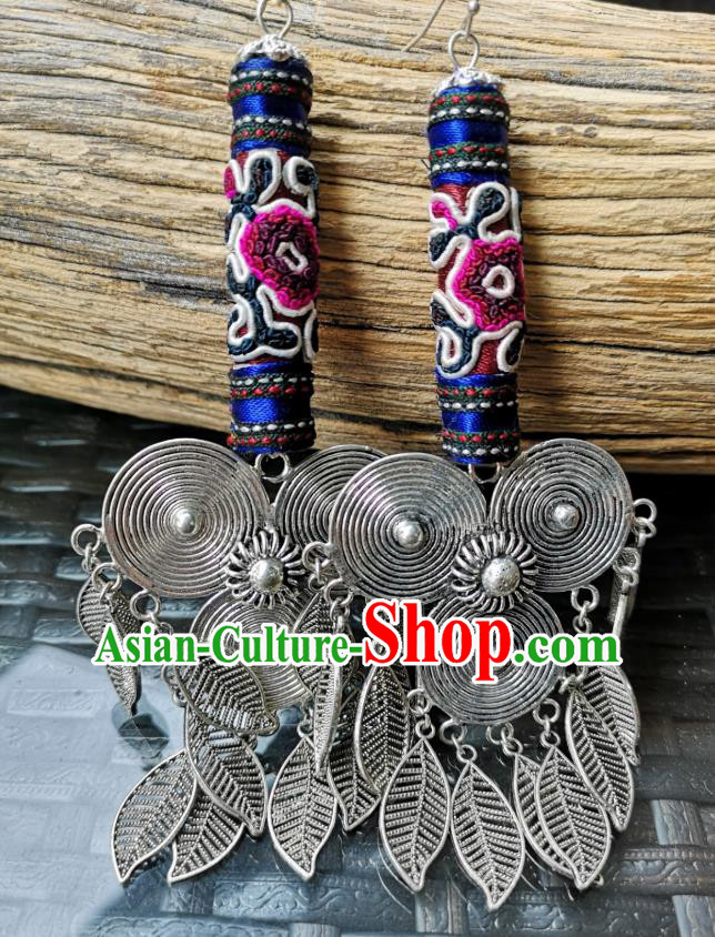 China Women Jewelry National Embroidered Earrings Miao Ethnic Silver Tassel Ear Accessories