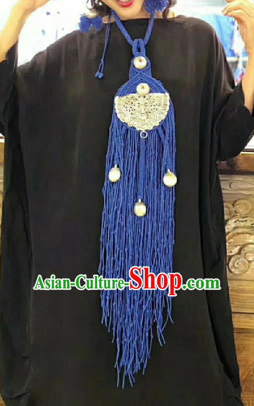 China National Royalblue Tassel Braid Accessories Handmade Ethnic Women Silver Carving Butterfly Necklace