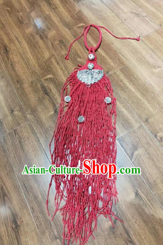 China Handmade Ethnic Women Silver Carving Butterfly Necklace National Red Tassel Braid Accessories