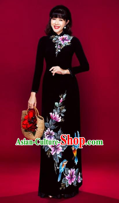 Asian Vietnam Classical Flowers Pattern Ao Dai Qipao Traditional Vietnamese Costumes Black Cheongsam Dress and Loose Pants for Women