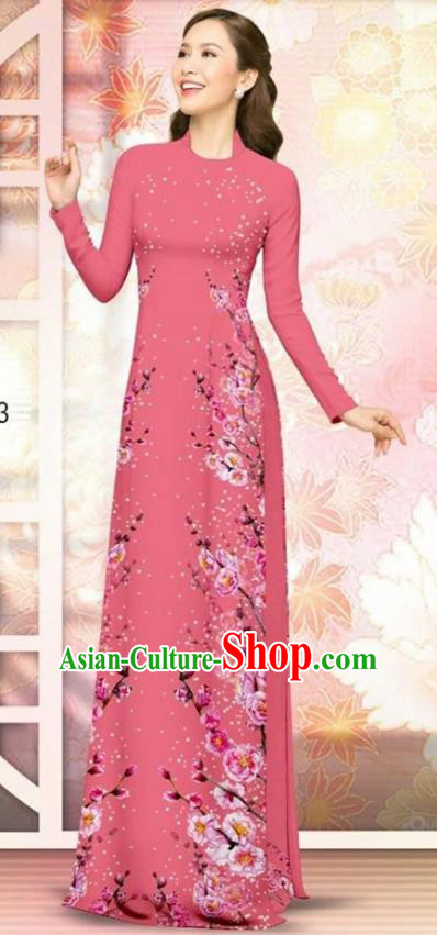 Asian Vietnam Pink Cheongsam Dress and Pants Traditional Vietnamese Costumes Classical Plum Blossom Pattern Ao Dai Qipao for Women