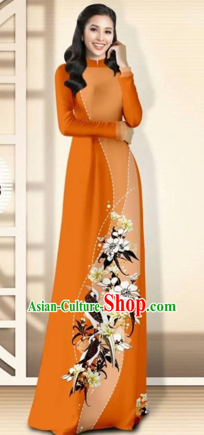 Asian Vietnam Orange Cheongsam Dress and Pants Traditional Vietnamese Costumes Classical Flowers Bird Pattern Ao Dai Qipao for Women