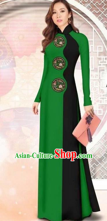 Asian Vietnam Printing Green Cheongsam Dress and Pants Traditional Vietnamese Costumes Classical Ao Dai Qipao for Women